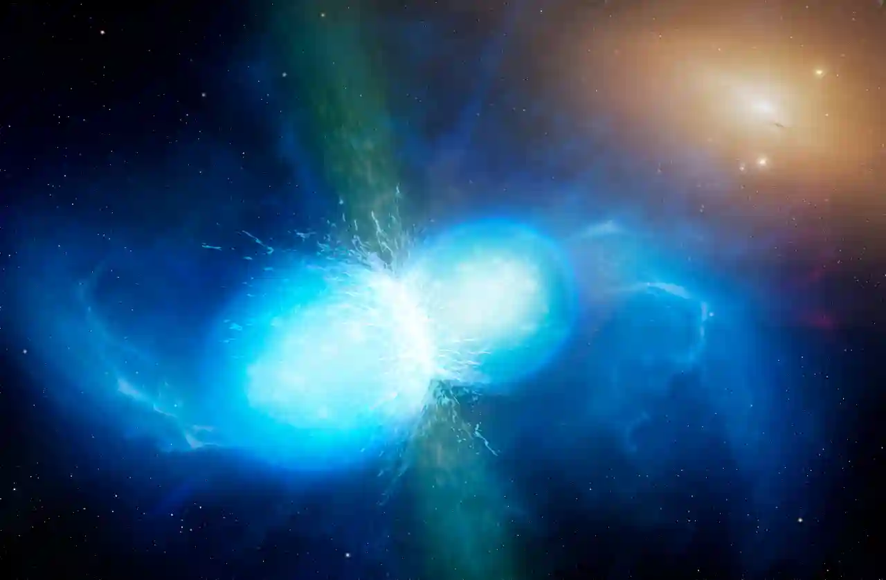 Artist’s impression of two neutron stars merging in a brilliant explosion