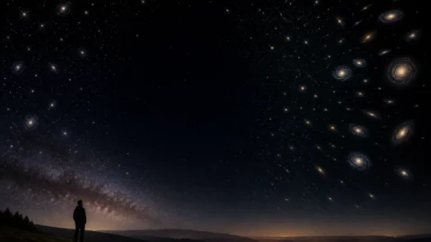 Editorial illustration of a dark night sky fading into distant galaxies