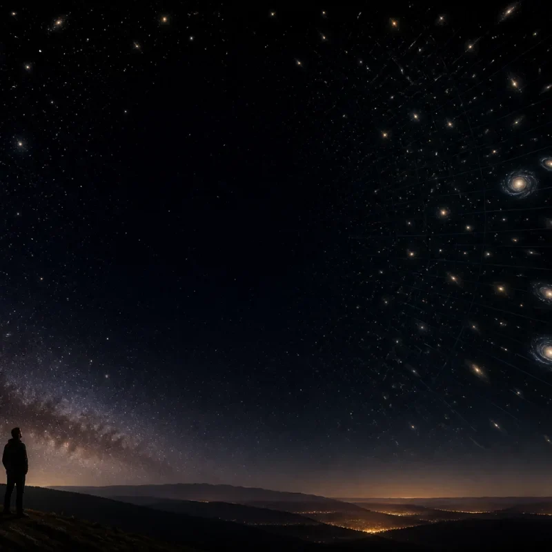 Editorial illustration of a dark night sky fading into distant galaxies