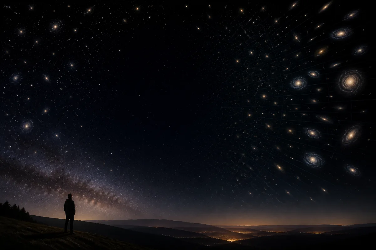 Editorial illustration of a dark night sky fading into distant galaxies
