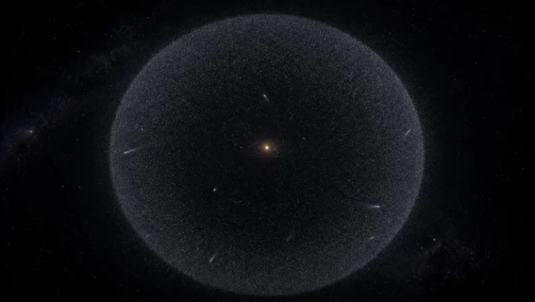 Editorial illustration of a distant shell of icy comet-like objects around the Solar System