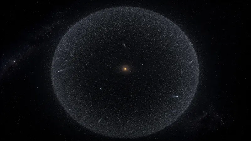 Editorial illustration of a distant shell of icy comet-like objects around the Solar System