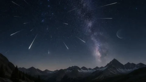 Editorial illustration of Perseid meteors streaking over a dark mountain landscape