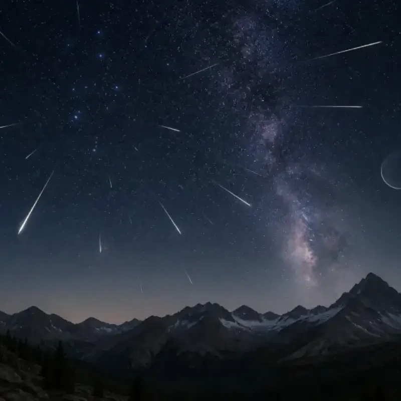 Editorial illustration of Perseid meteors streaking over a dark mountain landscape