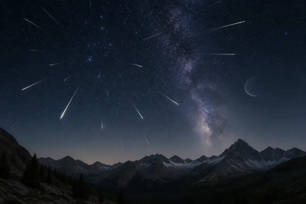 Editorial illustration of Perseid meteors streaking over a dark mountain landscape