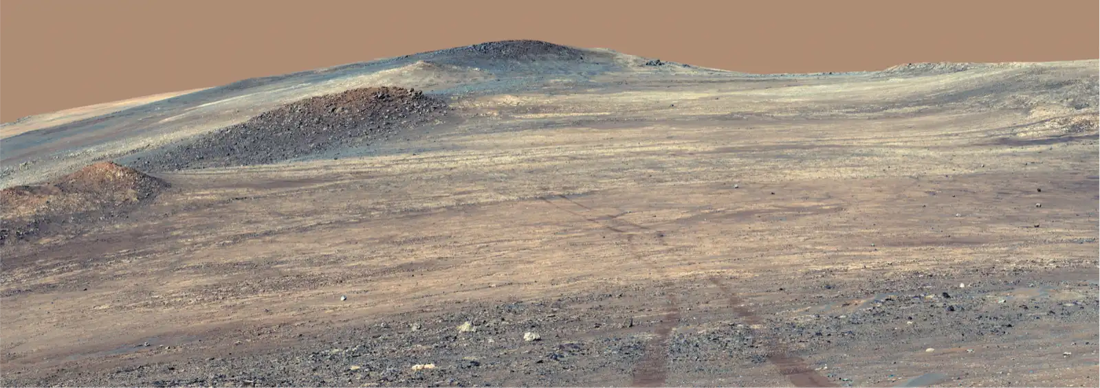Wide Perseverance rover panorama of pale rocks and tracks at Broom Point on Mars