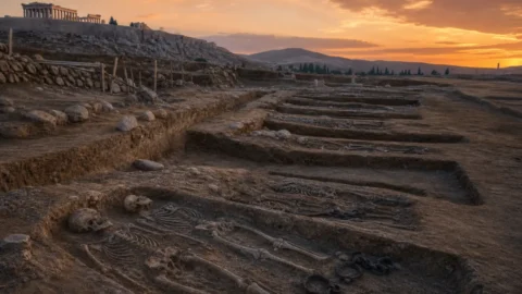 Archaeological excavation of the Phaleron mass graves with shackled skeletons in Attica