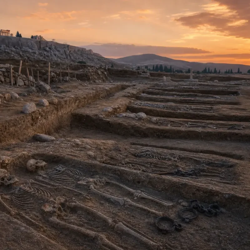 Archaeological excavation of the Phaleron mass graves with shackled skeletons in Attica