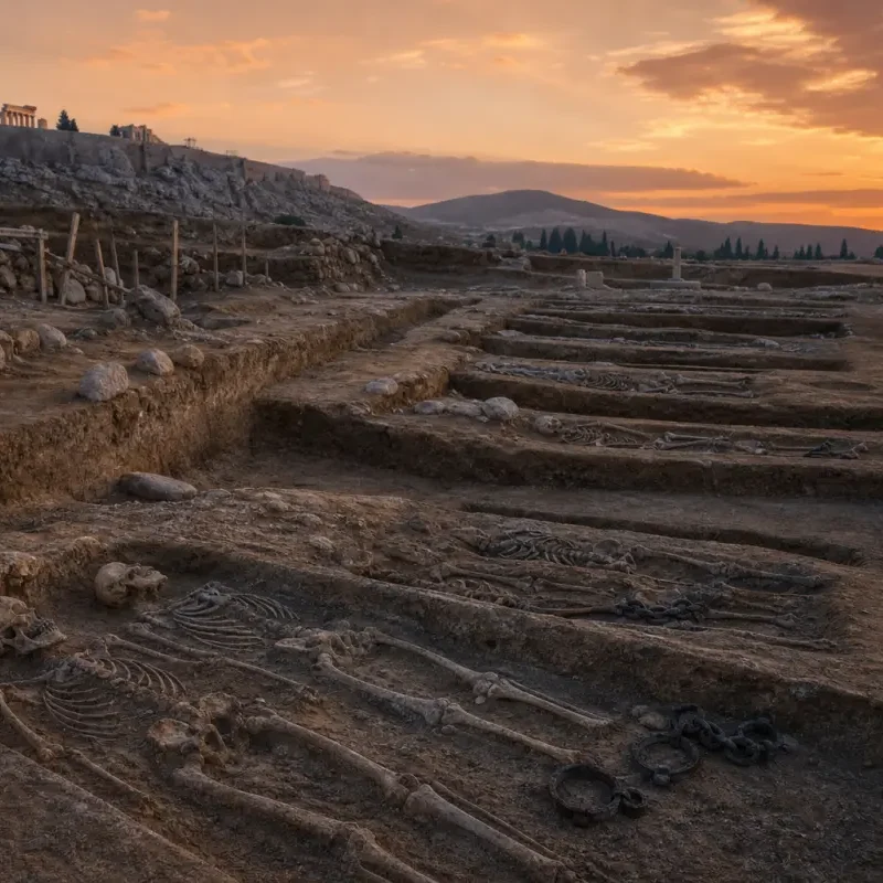 Archaeological excavation of the Phaleron mass graves with shackled skeletons in Attica