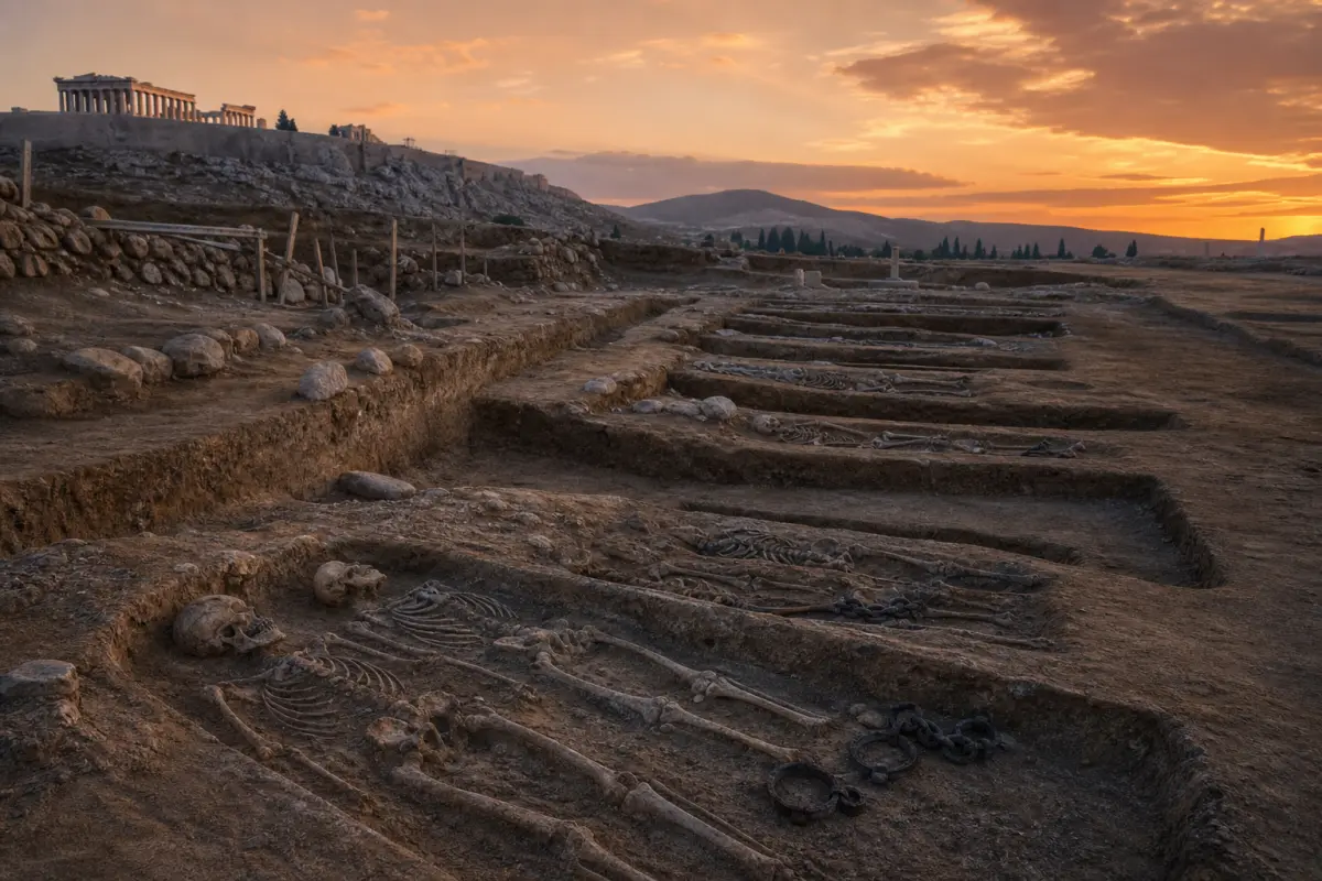 Archaeological excavation of the Phaleron mass graves with shackled skeletons in Attica