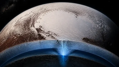 Editorial illustration of Pluto’s Sputnik Planitia glacier with liquid nitrogen rising through cracks