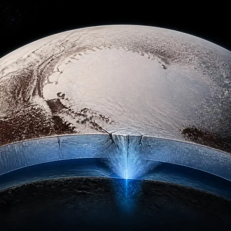 Editorial illustration of Pluto’s Sputnik Planitia glacier with liquid nitrogen rising through cracks