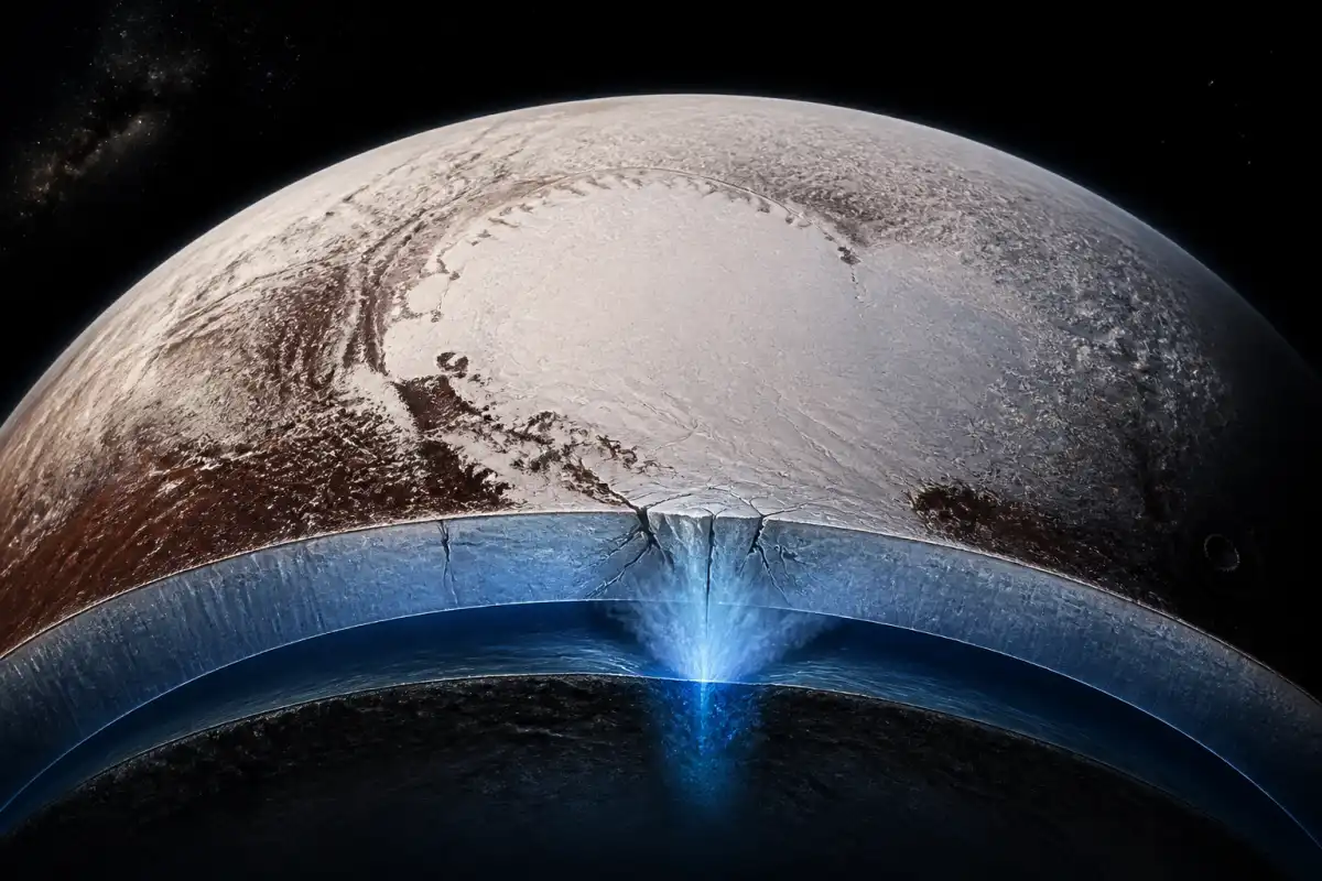 Editorial illustration of Pluto’s Sputnik Planitia glacier with liquid nitrogen rising through cracks