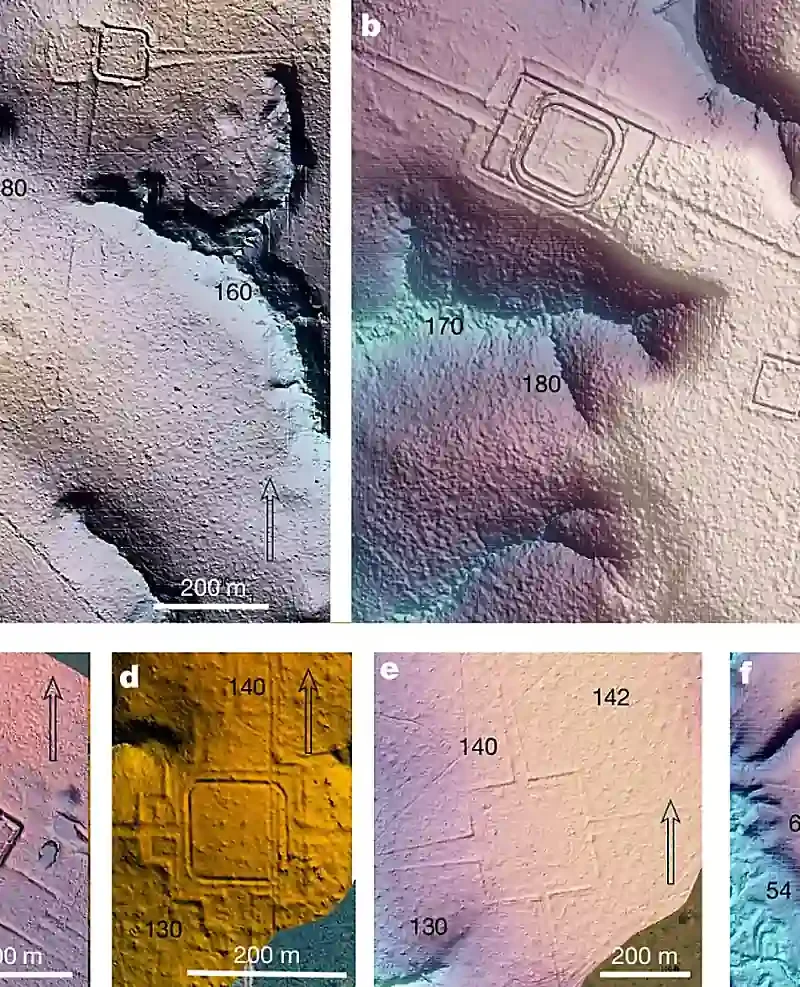 LiDAR-based terrain models showing precolonial earthworks at six sites in southwest Amazonia: a, Piloto; b, D. Schaan; c, Fazenda Atlântica; d, amag34/Lid24_05_43a; e, Lid24_05_44a; f, Lid24_09_1b. Colors and shading highlight the terrain, while italic numbers indicate relative elevation in metres. Credit: Nature (2026), Over 20,000 precolonial earthworks in the Southwest Amazonia.