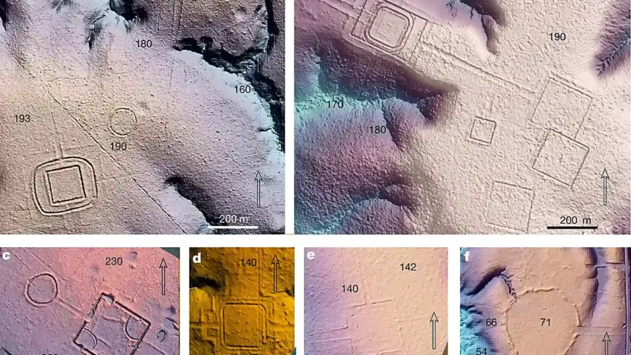 LiDAR-based terrain models showing precolonial earthworks at six sites in southwest Amazonia: a, Piloto; b, D. Schaan; c, Fazenda Atlântica; d, amag34/Lid24_05_43a; e, Lid24_05_44a; f, Lid24_09_1b. Colors and shading highlight the terrain, while italic numbers indicate relative elevation in metres. Credit: Nature (2026), Over 20,000 precolonial earthworks in the Southwest Amazonia.