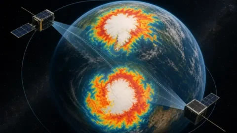 Editorial illustration of PREFIRE satellites measuring infrared heat above Earth's poles