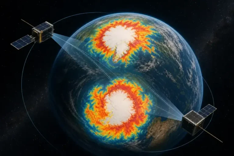 Editorial illustration of PREFIRE satellites measuring infrared heat above Earth's poles