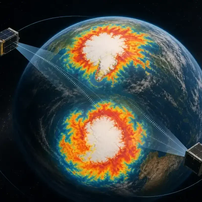 Editorial illustration of PREFIRE satellites measuring infrared heat above Earth's poles