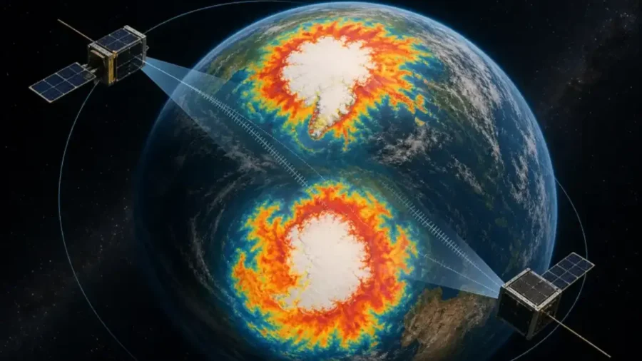 Editorial illustration of PREFIRE satellites measuring infrared heat above Earth's poles