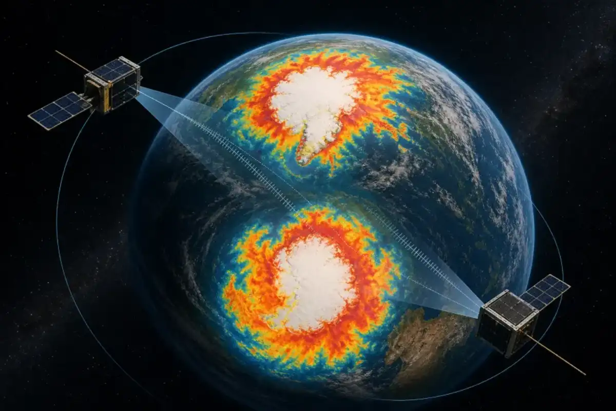 Editorial illustration of PREFIRE satellites measuring infrared heat above Earth's poles