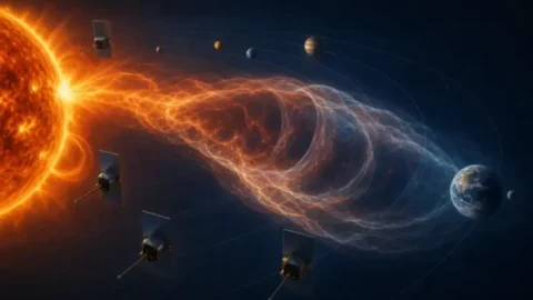 Editorial illustration of spacecraft tracking a coronal mass ejection from the Sun toward Earth