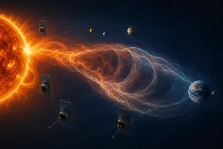 Editorial illustration of spacecraft tracking a coronal mass ejection from the Sun toward Earth
