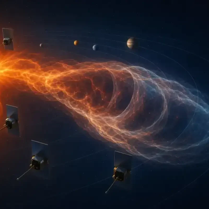 Editorial illustration of spacecraft tracking a coronal mass ejection from the Sun toward Earth