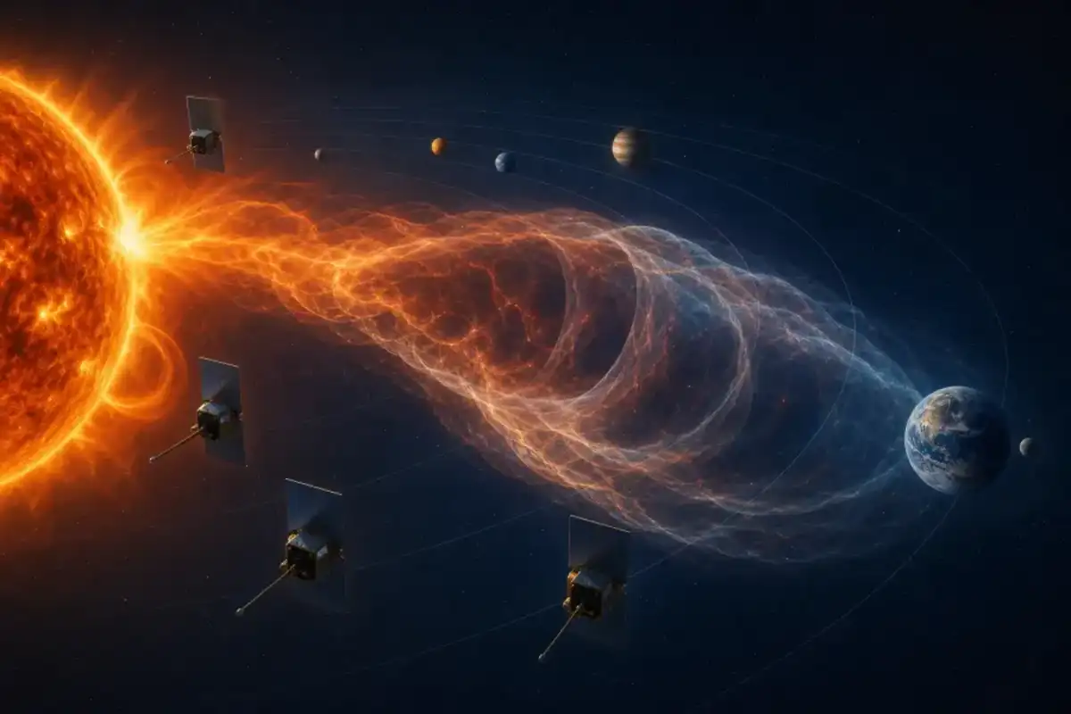 Editorial illustration of spacecraft tracking a coronal mass ejection from the Sun toward Earth