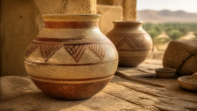 Conceptual reconstruction of a Qurayyah Painted Ware vessel beside a Bronze Age kiln.