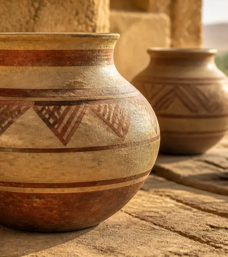 Conceptual reconstruction of a Qurayyah Painted Ware vessel beside a Bronze Age kiln.