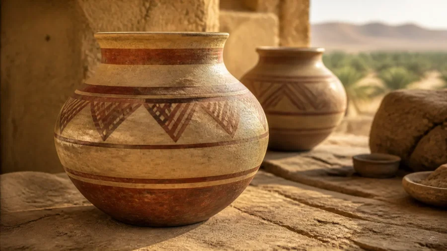 Conceptual reconstruction of a Qurayyah Painted Ware vessel beside a Bronze Age kiln.