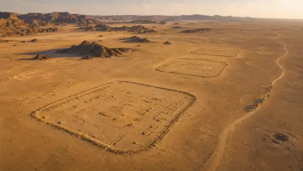 Three Roman marching camps visible in the northern Arabian desert