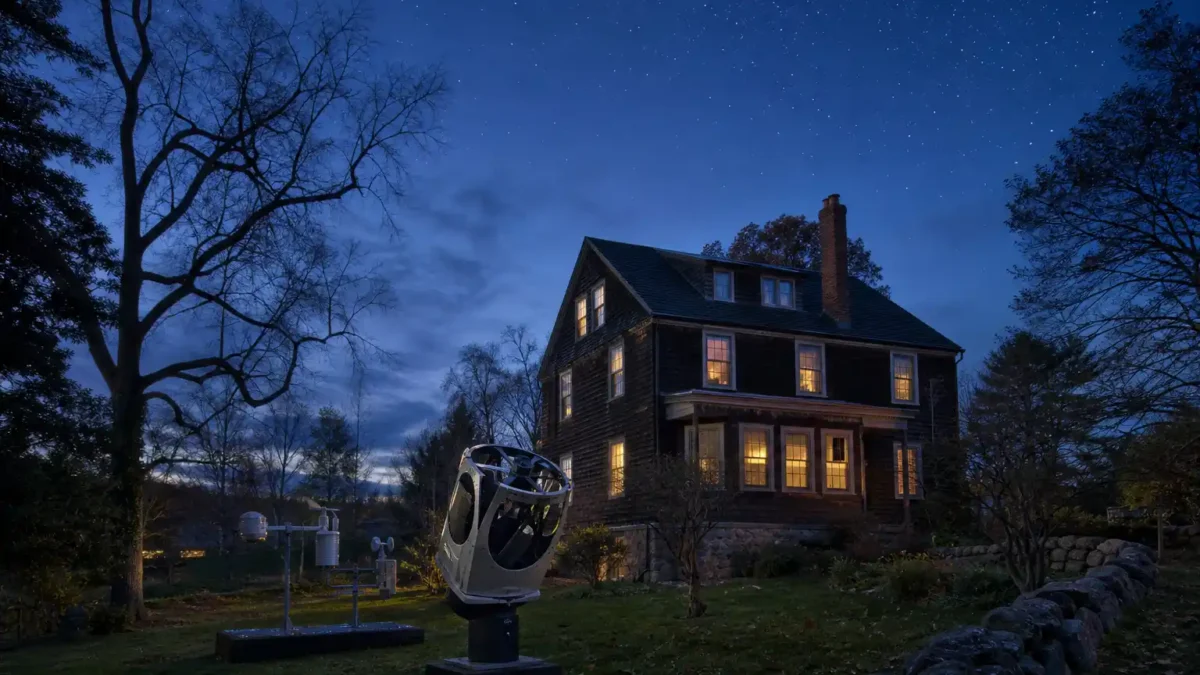 A telescope dome and observatory beside a house associated with astronomer Carl Sagan.