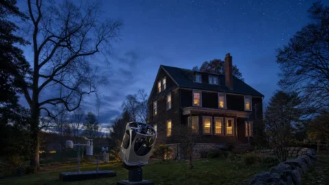 A telescope dome and observatory beside a house associated with astronomer Carl Sagan.