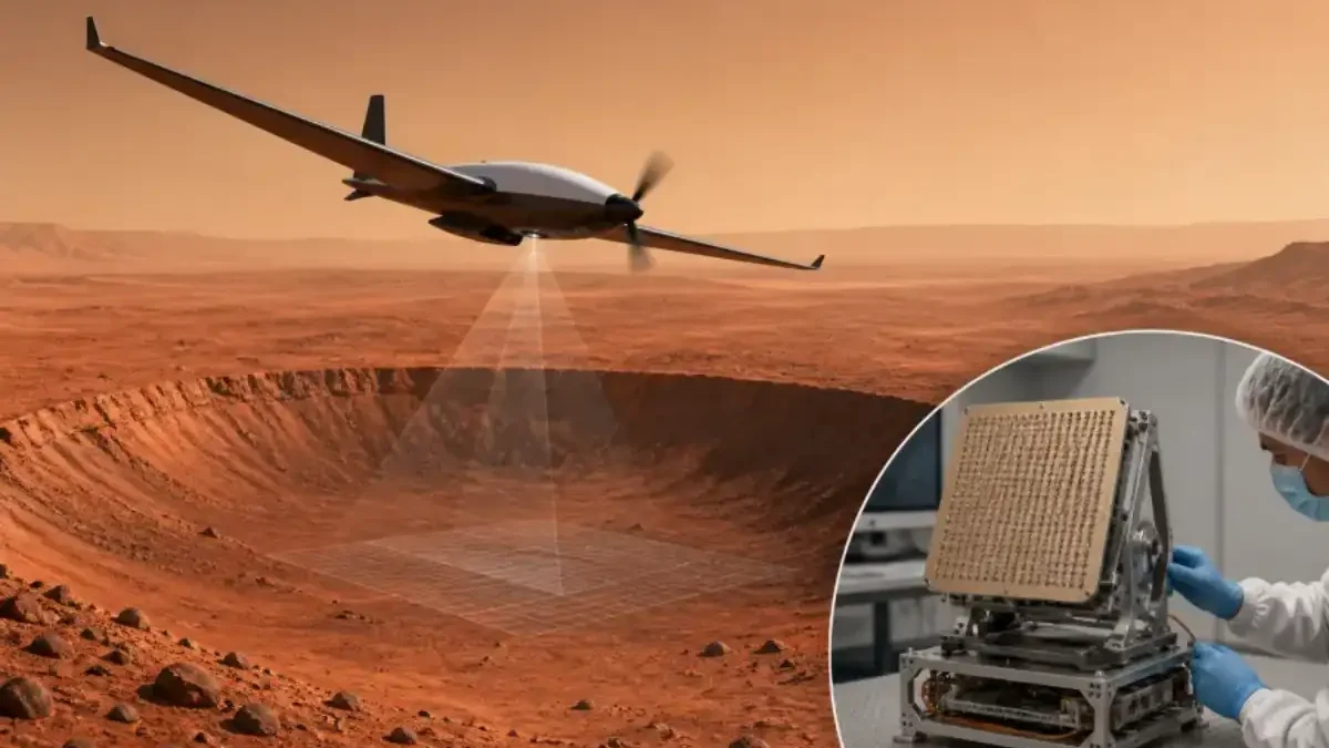 Editorial illustration of a small Mars aircraft flying over a red crater landscape