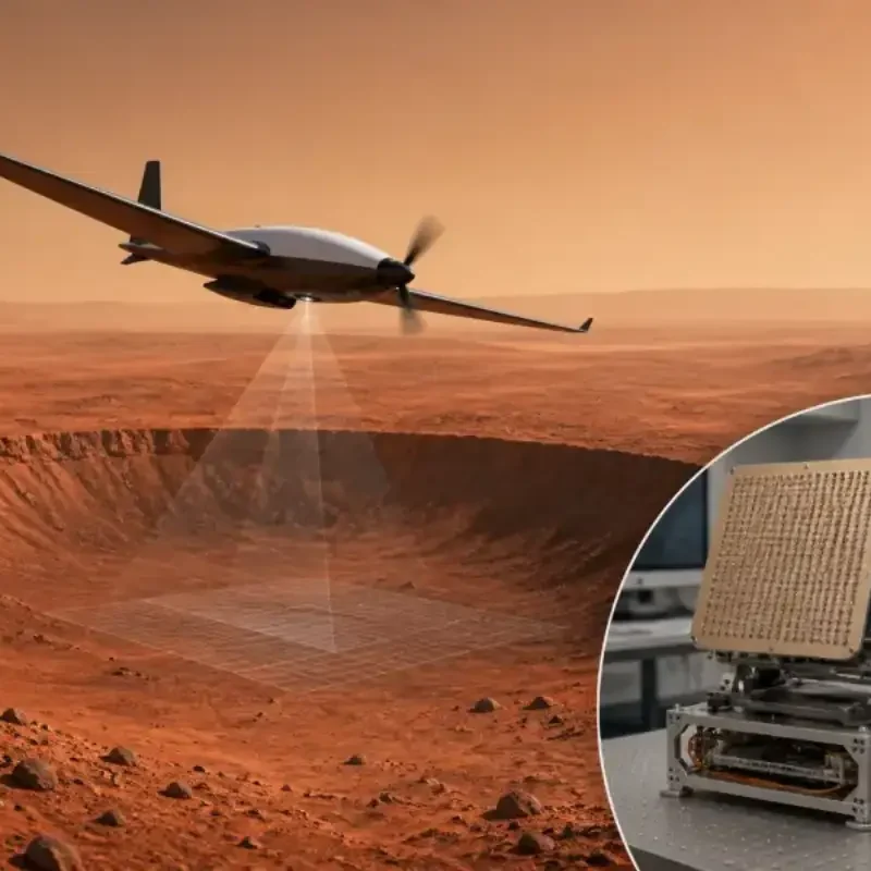 Editorial illustration of a small Mars aircraft flying over a red crater landscape