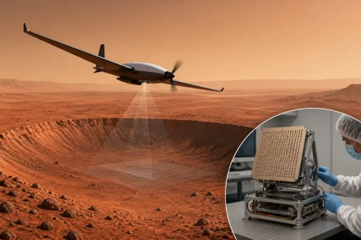 Editorial illustration of a small Mars aircraft flying over a red crater landscape