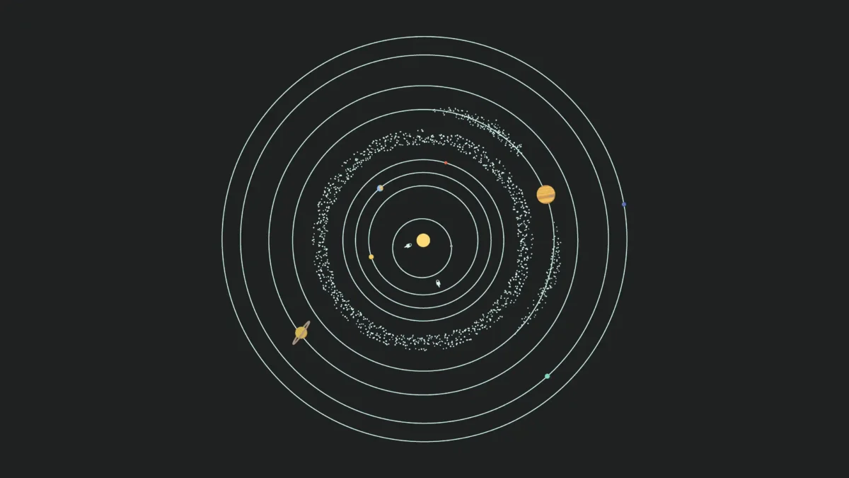 Illustration of the Sun and planets arranged across the Solar System