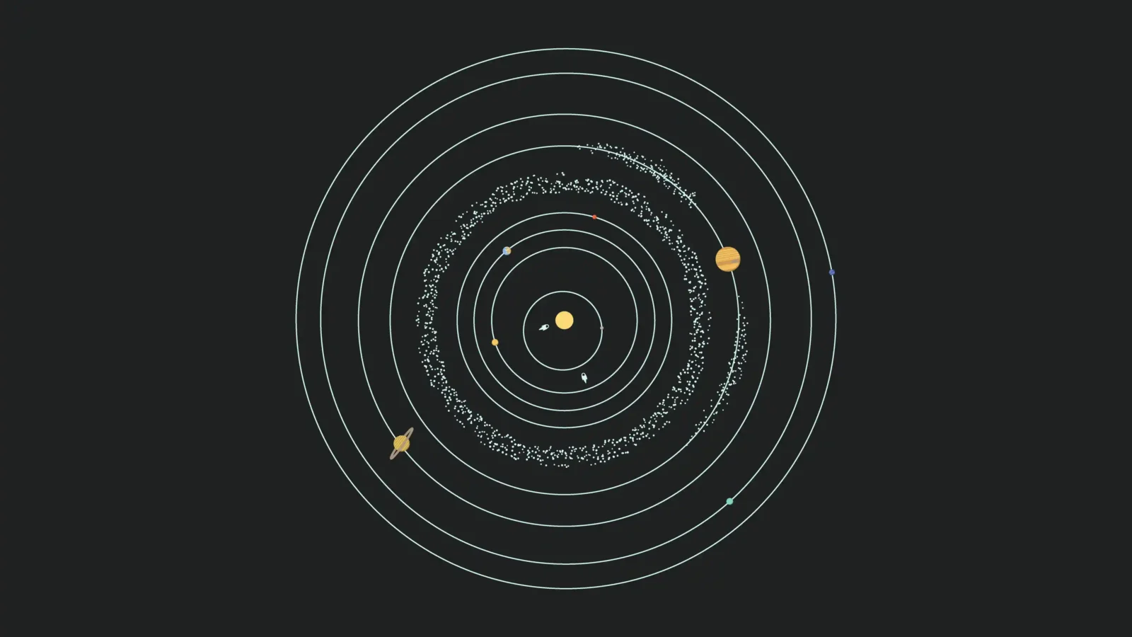 Illustration of the Sun and planets arranged across the Solar System