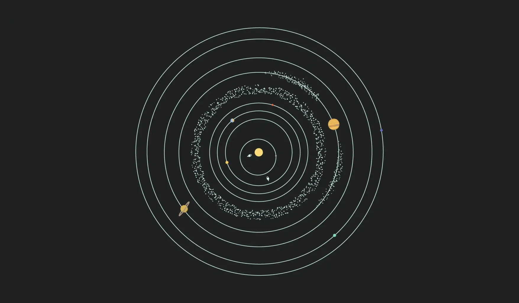 Illustration of the Sun and planets arranged across the Solar System
