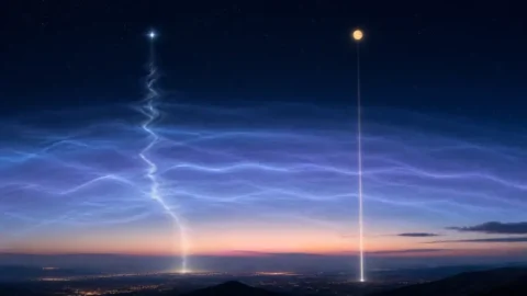 Editorial illustration showing starlight passing through turbulent layers of Earth’s atmosphere