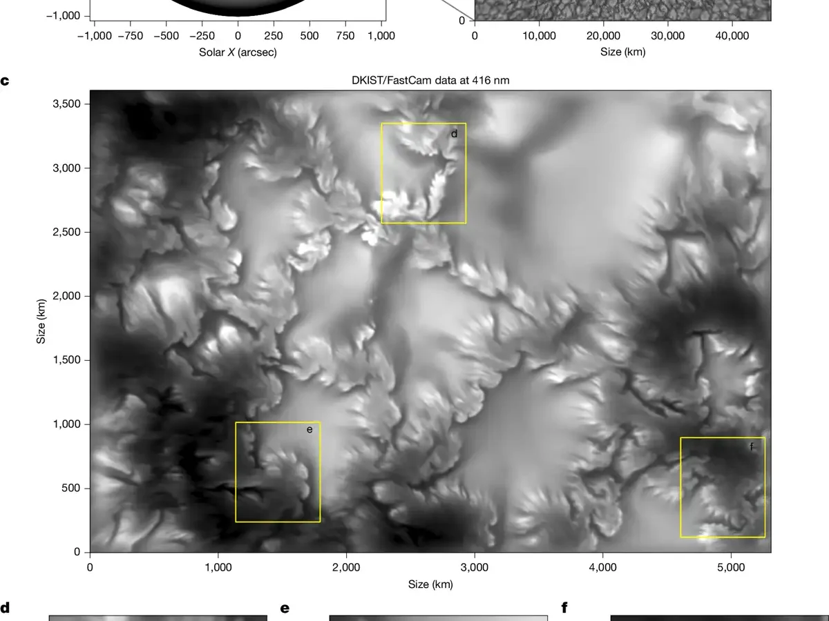 Close-up scientific image of vortices moving along a magnetic boundary on the Sun
