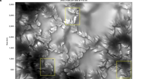 Close-up scientific image of vortices moving along a magnetic boundary on the Sun