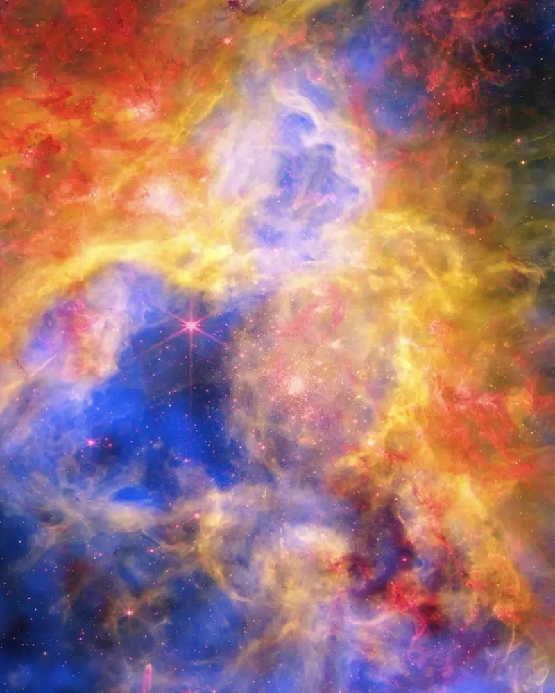 Multiwavelength view of the Tarantula Nebula showing blue X-ray gas, red infrared dust and green optical hydrogen