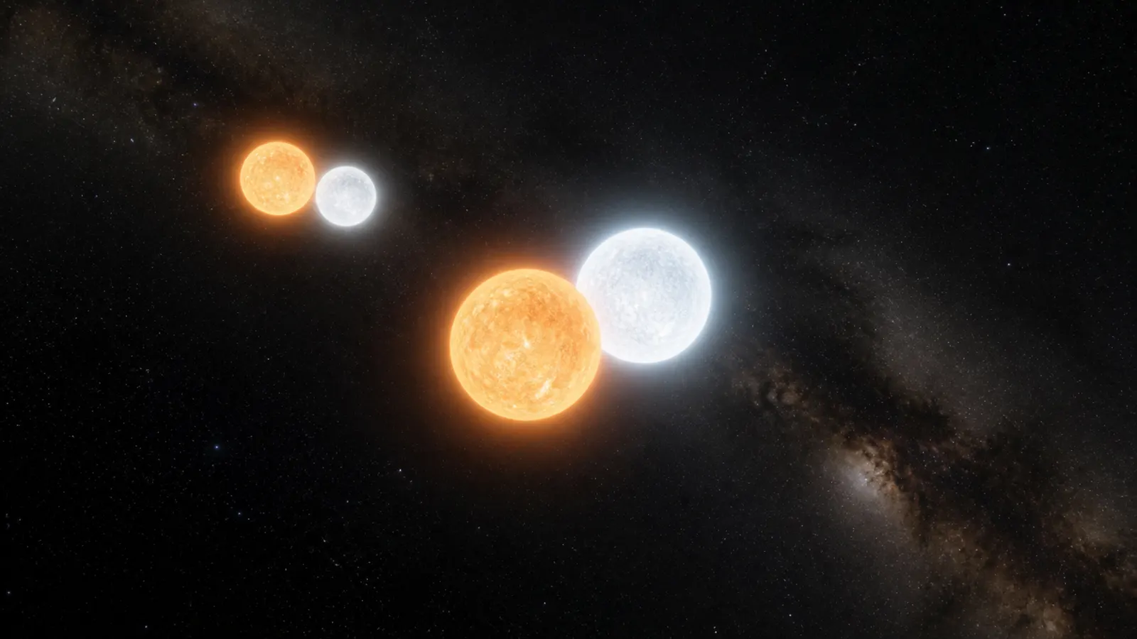 Conceptual view of the four-star TIC 433545934 system, with two eclipsing binaries orbiting one another.