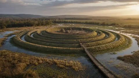 Editorial reconstruction of an Iron Age fort surrounded by wetlands and concentric earthworks
