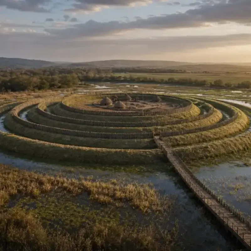 Editorial reconstruction of an Iron Age fort surrounded by wetlands and concentric earthworks