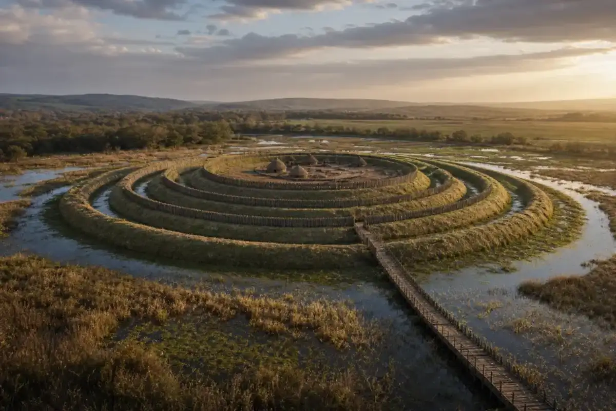 Editorial reconstruction of an Iron Age fort surrounded by wetlands and concentric earthworks