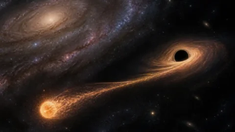 Editorial illustration of a wandering supermassive black hole pulling a star into a bright tidal stream