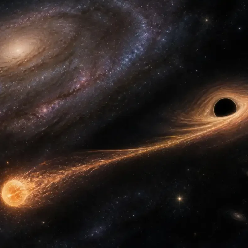 Editorial illustration of a wandering supermassive black hole pulling a star into a bright tidal stream